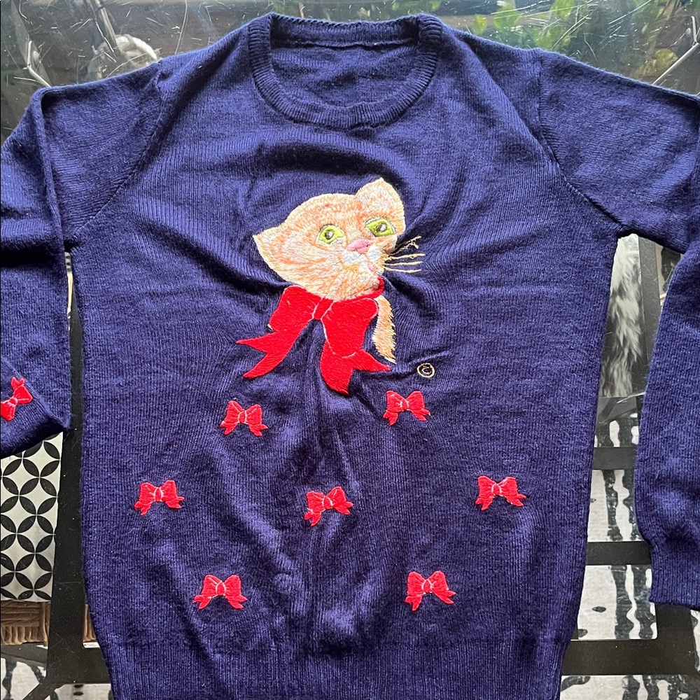 Charming Navy Cat Sweater with Red Bows
